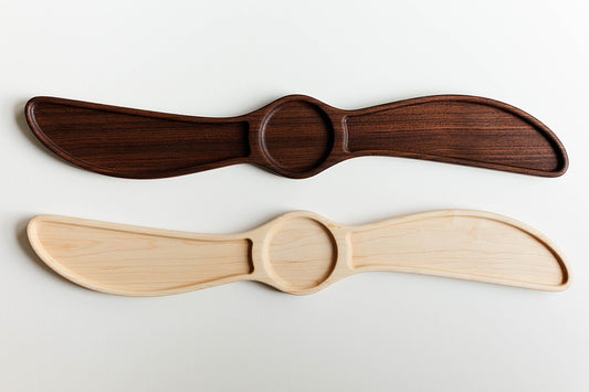 Propeller Tray crafted from rich maple or walnut wood, featuring a sleek, aviation-inspired design. A perfect gift for pilots, this unique tray is ideal for organizing small items or adding a touch of aviation flair to any space.