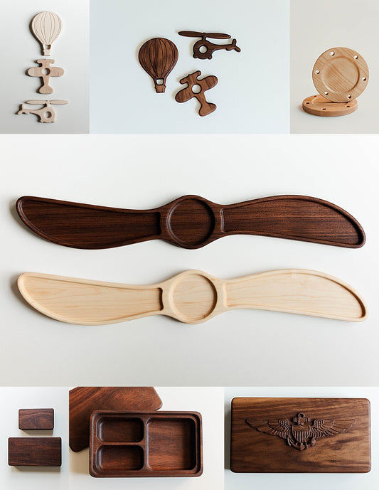 Handcrafted aviation gifts including custom signs, walnut catch-all boxes, propeller trays, aviation baby grasp toys, and crush plate coasters.