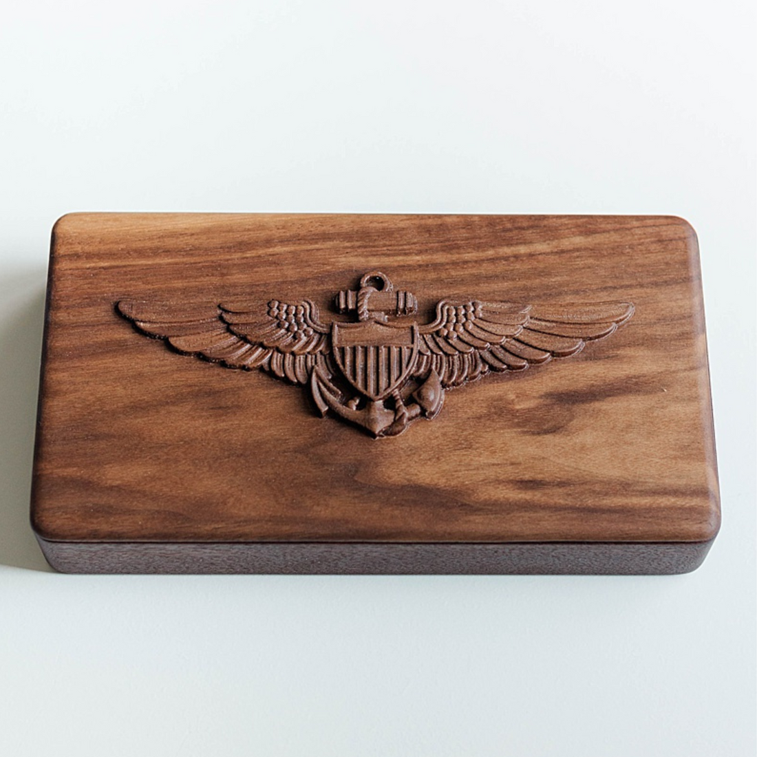 Custom Aviation Walnut Box, engraved with military aviation wings and personalized with name, rank, and wings. A unique, meaningful gift for pilots